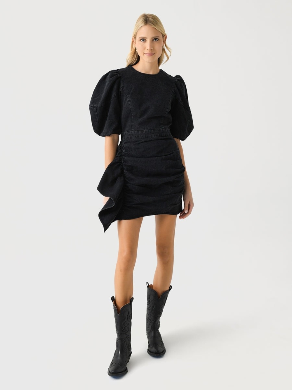 NWT RHODE Pia Mini Dress Size 2 Black Denim Puff Sleeve Ruched Cocktail Party